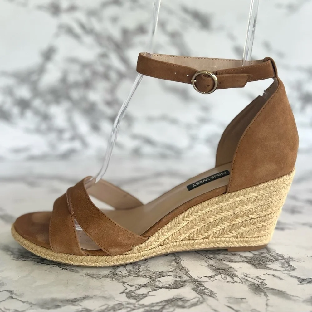 Nine West Jeranna Espadrille Tan Suede Ankle Strap Wedge Sandals 10